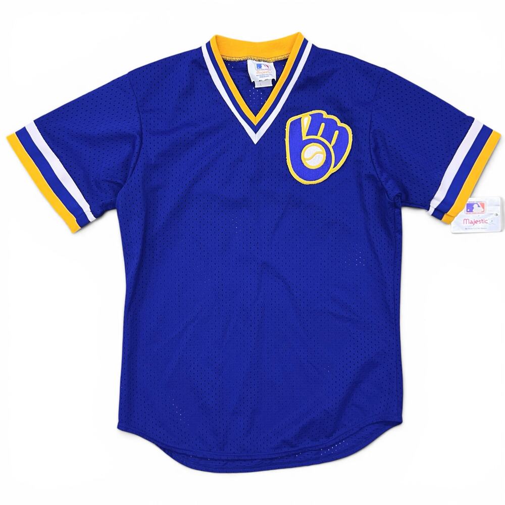 Deadstock Vintage Milwaukee Brewers Mesh Majestic Jersey Large USA Made MLB Blue